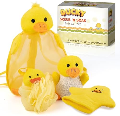 Ducky Scrub 'N Soak Baby Loofah for Bathing Set for Kids Body Scrubber Cute Cartoon Kids Loofah Bath Scrubber for Children Shower Washing Exfoliating, Baby Bath Sponge Yellow Duck Included