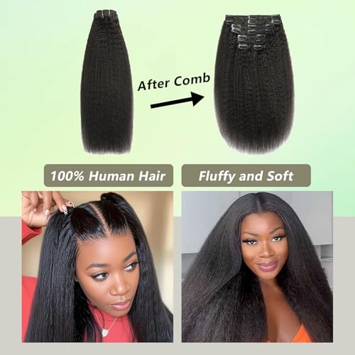 20 Inch Clip In Hair Extensions Real Human Hair Yaki Straight Clip Ins Hair Extensions For Women Invisible & Scalp-Friendly Kinky Straight Human Hair Clip In Extensions 120g 8pcs Natural Black