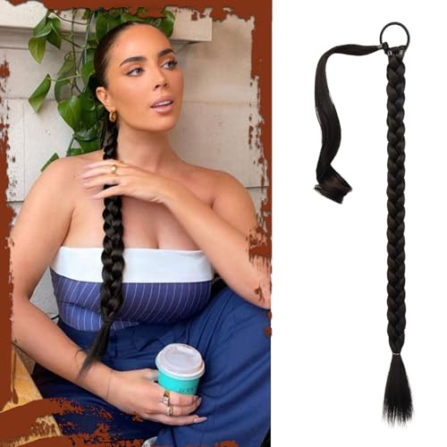 SOFEIYAN Long Braid Ponytail Extension with Hair Tie Straight Sleek Wrap Around Hair Extensions Braid Pony Tail Fluffy Natural Soft Synthetic Hairpieces for Women Daily Wear