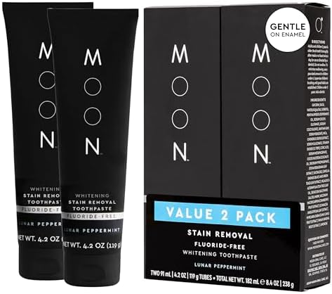 MOON Fluoride Free Toothpaste - Stain Removal Teeth Whitening Toothpaste for Adults & Children - with Essential Oils, Green Tea & Mica - Gentle on Enamel & Gums - Peppermint (2 Pack, 4.2 Oz Each)