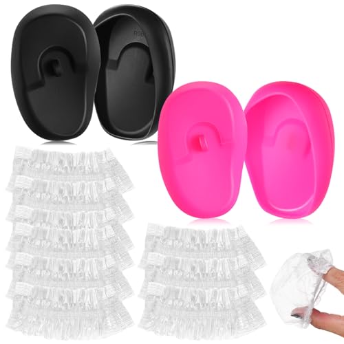 FRCOLOR 2 Pairs Silicone Ear Covers Ear Protector with 100pcs Disposable Hairdressing Ear Caps Ear Protector Hairdressing Dye Coloring Protector Earmuff Ear Caps for Home Shop, 7.8cm*4.5cm*0.5cm