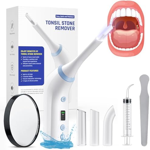 Electronic Tonsil Stone Remover, Vacuum Tonsil Stone Removal Kit with LED Light, 3 Suction Modes, Tonsil Stone Cleaner Tool,Oral Care for Mouth Health, Fight Bad Breath Instant Suction Irrigator