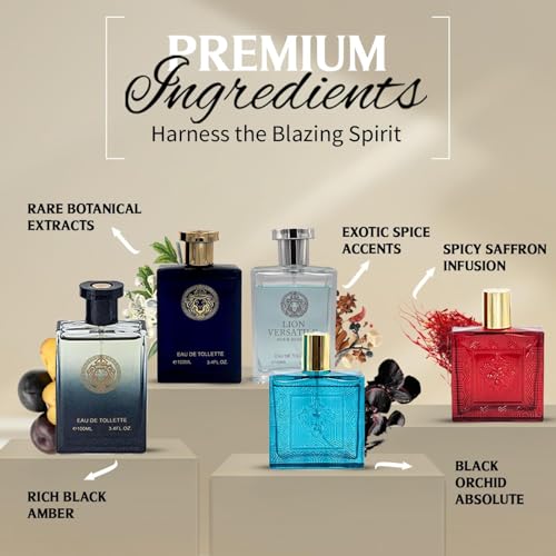 Lion Versatile Cologne for Men Pack of 5 Fragrance 3.4oz 100ml Each Natural Scent Fresh Aromatic Floral Masculine Oriental Woody Notes Individually Boxed Fragrance for Men