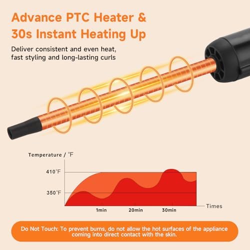 3/8 Inch Curling Wand Iron Small Curling Wand Tight Curls Tourmaline Ceramic Barrel for Short & Long Hair Skinny Wand Curler Styler with Clampless 350°F/410°F Temperature Adjustable