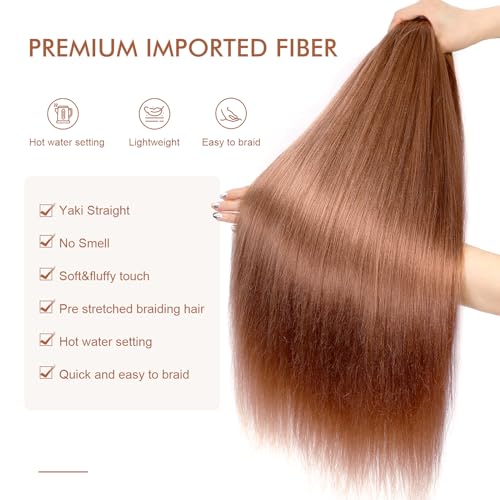 Pre-stretched Braiding Hair - 24 Inch 8 Packs Brown Braiding Hair For Twist or Box Braids, Long Yaki Texture Hot Water Setting Synthetic Braiding Hair Extensions (24 Inch, #30-8P)
