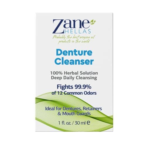 Zane Hellas Denture Cleaner. Oregano Oil Power. Ideal for Dentures, Retainers, Braces, Mouth Guards. Helps Remove Plaque, Tartar, Stains and Bad Odor. 100% Herbal Solution. 1 fl.oz.-30ml.