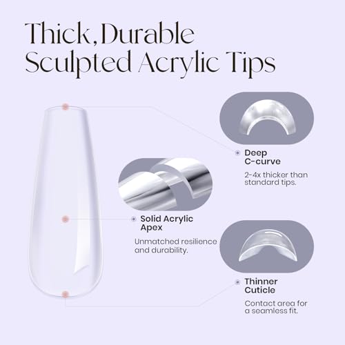 Tipex Instant Apex Nail Tips – Pre-Etched Acrylic Hard Gel Tips Kit for Flat Nails, Long Coffin Deep C Curve, Full Cover Press-On Nails for Beginners, UV Glue & LED Lamp Set