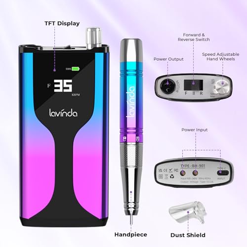 Lavinda Professional Rechargeable Nail Drill Machine, Cordless 35,000RPM Skyspace Brushless Nail Drill, Portable Electrical Nail File for Acrylic Nails with Protective Case, Gradient Blue & Purple