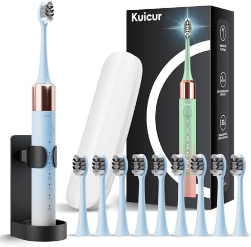 Sonic Electric Toothbrush for Adults and Kids, Comes with 10 Brush Heads & Travel Case, 5 Modes with 2 Minutes Built in Smart Timer, One Charge for 90 Days, 42,000 VPM Motor (Blue and White)