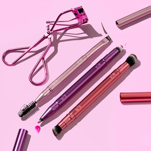 Real Techniques Double Time Brush + Lash 4 Piece Set, Dual-Ended Eye Makeup Brushes For Eyeshadow & Brows, Travel-Friendly Brush Caps For Storage, Eyelash Curler Included, Cruelty-Free