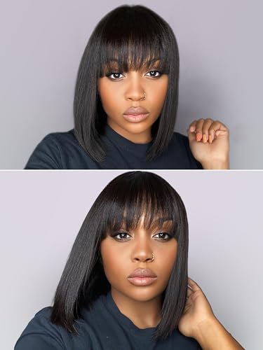 LUVME HAIR 10 Inch Light Yaki Straight Bob Wig with Bangs Human Hair Realistic HD Lace Short Black Bob Wigs, Ready to Go Blunt Cut Bob Wig Glueless 180 Density