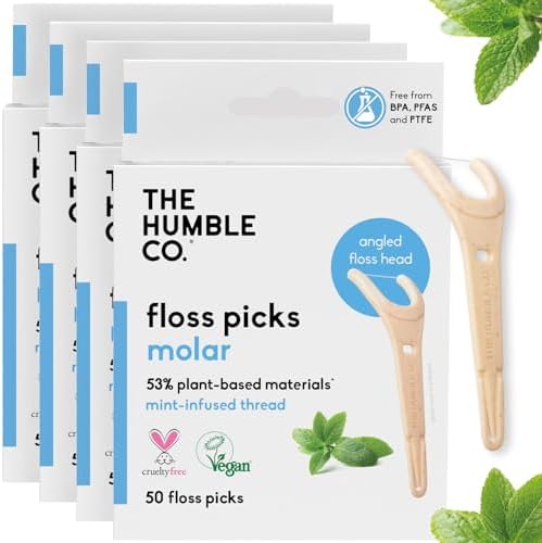 The Humble Co. Floss Picks (200 Count) – Plant Based Dental Floss Picks with Grip Handle for Superior Oral Care, Dental Hygiene, and Gum Health, Cruelty Free Tooth Floss Picks (Mint)