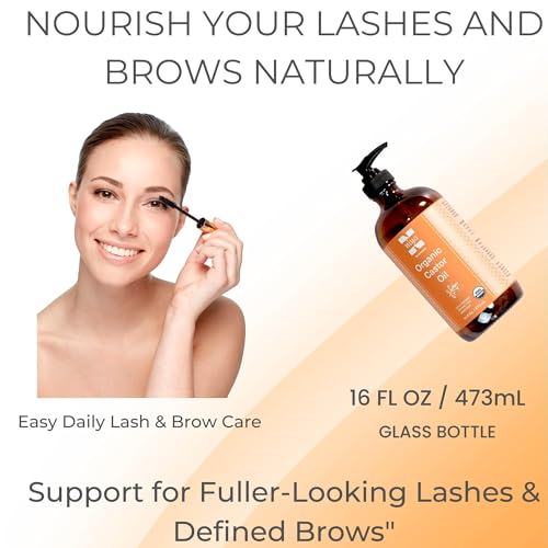 Niyavera 16oz Pure Castor Oil Organic Cold Pressed Unrefined, Hexane Free,Natural - Glass Bottle with Pump, USDA Certified, Golden Castor oil for Skin, Hair, Lashes, Nails & More
