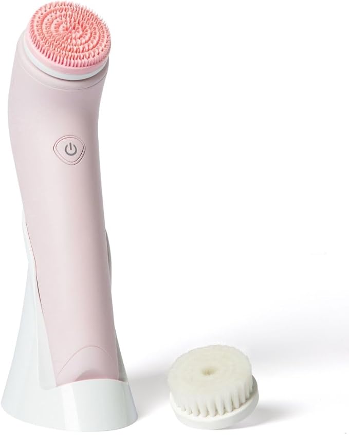 Fancii Facial Cleansing Brush with Self Cleaning Station, Rechargeable & Waterproof - Electric Face Scrubber for Gentle Exfoliation and Deep Scrubbing - 2 Exfoliating Brush Heads, Skylar (Pink)