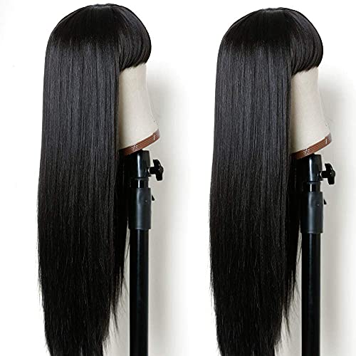 Long Straight Remy Hair Wigs Natural Black Heat Resistant Fiber Hair Full Machine Wig with Bangs Cosplay Party Wig For Fashion Women (24 Inch)