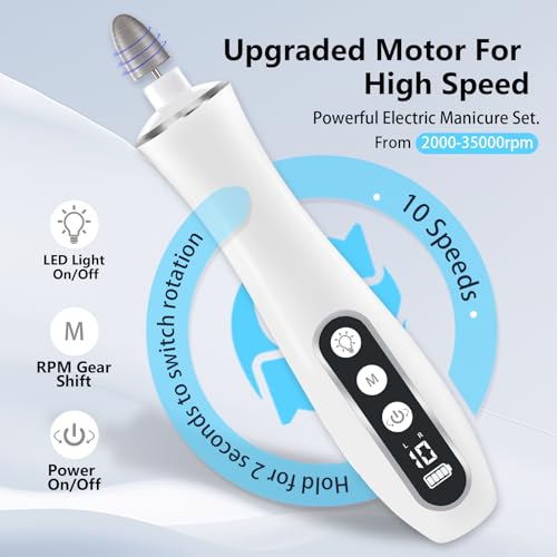 Cordless Nail Drill, Portable 2000 mAh Rechargeable Electric Nail File for Thick Toenails, 10 Speeds Nail Dril Machine Professional Manicure Pedicure Set for Women Hand Foot Natural Nails Care
