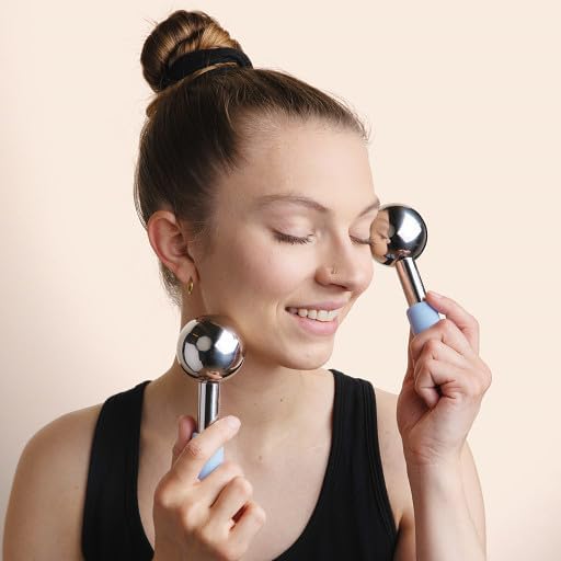 Ice Globes for Face | Stainless Steel Facial Globes | Set of 2 Cooling Ice Roller Massagers w/Silicone Handle | Warm/Cold Tool for Estheticians w/Magnetic Box & 2 Black Storage Bags