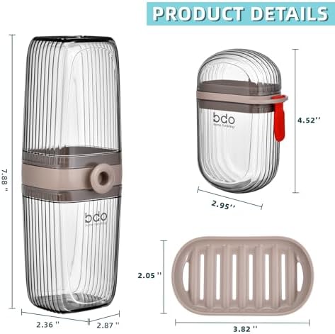 VITVITI Gray Toothbrush Travel Case, Portable Leakproof Travel Soap Container Dish Tray, 7.88 inch Toothpaste Toothbrush Holder with Cover for Trip/Bathroom/Camping