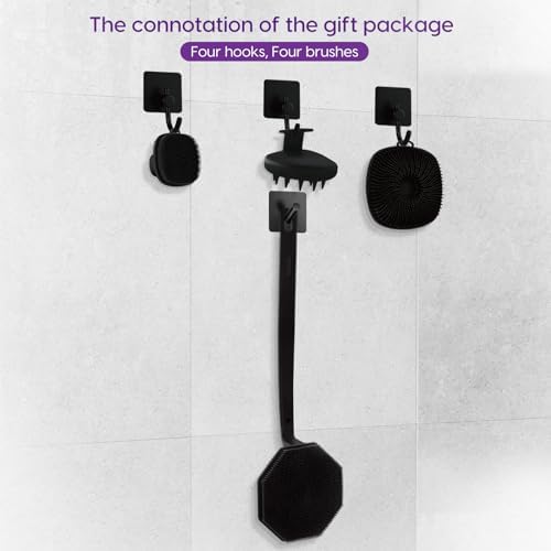 VWMYQ Silicone Body Scrubber Set, Includes Back & Body Scrubbers, Face Brush, Scalp Massager, 4 Storage Hooks, Shower & Bathroom Hygiene Accessories for Present(Black)