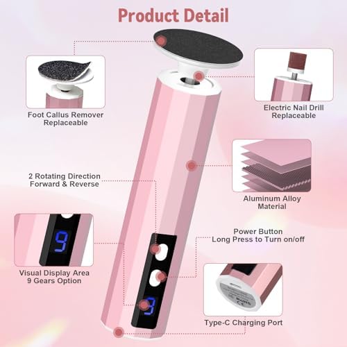 Electric Foot File 2-in-1 Foot Callus Remover with 50pcs Sandpaper Discs, Callus Remover for Feet Professional Pedicure Tool for Dead Skin and Calluses 9 Adjustable Speed/Reversible Rotation - Pink