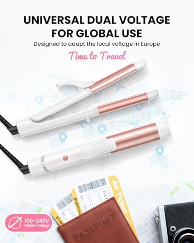 Dual Voltage Curling Iron, Mini Travel Size Curling Iron for European, 1 1/4 Inch Ceramic Plates Hair Straightener with Adjustable Temperature, European Plug Included
