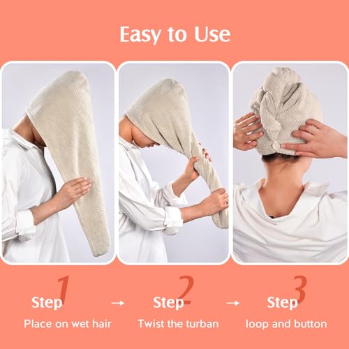 YFONG 2 Pack Large Microfiber Hair Towel Wrap, Super Absorbent Quick Dry Hair Turban for Drying Long Thick Curly Hair, Anti Frizz, Drying Towel with Button