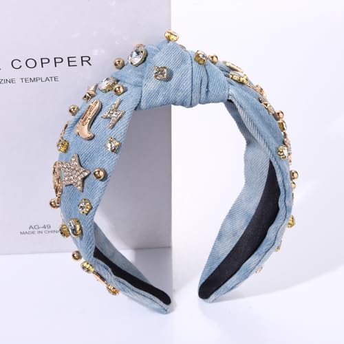 MOLOCH Western Headband Cowgirl Headband for Women Cowboy Boot Hat Stars Knotted Head Band Crystal Jeweled Top Knot Hairband Western Country Concert Hair Accessories Bachelorette Outfit Gifts