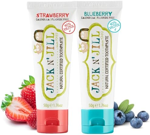 Jack N' Jill Natural Toddler Toothpaste - Fluoride Free Training Toothpaste for Toddlers 1-3, 40% Xylitol, BPA Free - Strawberry & Blueberry, 1.76 oz (Pack of 2)
