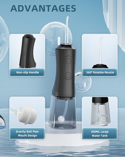 Water Flosser, Water Dental Flosser Pick for Teeth, 300ML IPX7 Waterproof Oral Irrigator, 3 Modes 4 Replaceable Jet Tips, Professional Flossing Cleaning Picks for Home Travel Gums, Braces Care (Black)