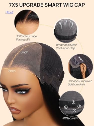 Nadula Yaki Straight Bob Drawstring Wig Human Hair Glueless Pre Cut 7x5 HD Bye Bye Knots Lace Front Wigs Human Hair Pre Plucked Invisible Knots Ready to Go Short Yaki Bob Wigs 150% Density 12inch