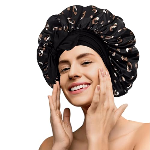 Black Bonnet Satin Silk Hair Bonnet With Tie Band for Sleeping Large Bonnets Hair Wrap with Adjustable Straps Hair Sleep Caps for Women Curly Braid Hair