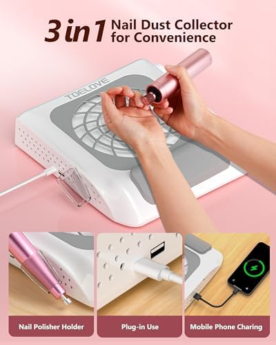 Upgraded Nail Fan Dust Collector with Hand Rest, 10 Speeds, Reusable Filter, Quiet & Rechargeable, Powerful Dust Suction Nail Tech Machine for Acrylic Gel Nails Polishing, Salon & Home, White