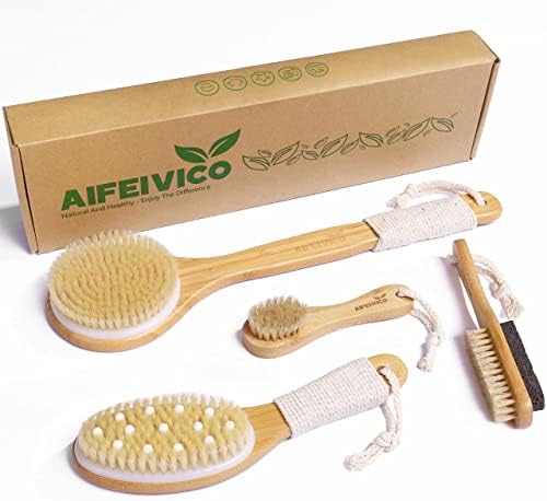 Dry Brushing Body Brush, Natural Boar Bristle Dry Brush, Bamboo Exfoliating Body, Face, Foot, Long Handle Back Scrubber Brush, Meridian Pressure for Lymphatic, Cellulite