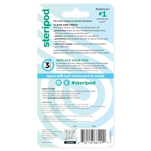 Steripod Clip-On Toothbrush Protector, Keeps Toothbrush Fresh and Clean, Fits Most Manual and Electric Toothbrushes, Blue, Green, Clear, 4 Count