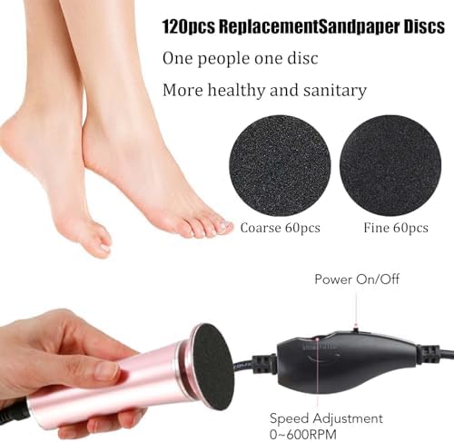 Electric Foot File Callus Remover Professional Foot File Pedicure Tools Adjustable Speed 120pcs Replacement Sandpaper disc Easy to Remove Cutin Dead Skin calluses for Men and Women(Rose Gold 120pcs)