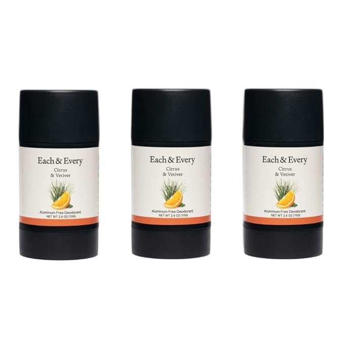 Each & Every All Natural Deodorant for Women & Men - Sensitive Skin, Plant-Based, Baking Soda & Aluminum-Free Deodorant - Long Lasting 24 Hr Odor Control - Citrus & Vetiver Travel Size (3 Pack, 2.5oz)