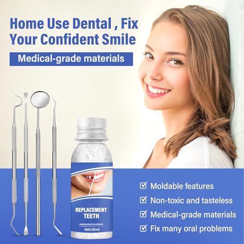 Tooth Repair Kit, Safe and Effective Fake Teeth Replacement, for Fixing Missing & Broken Teeth Replacement, Smile Confidently with 30ml Tooth Beads + 4 Dental Tools
