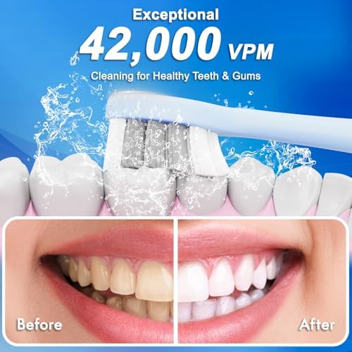 Sonic Electric Toothbrush for Adults and Kids, Comes with 10 Brush Heads & Travel Case, 5 Modes with 2 Minutes Built in Smart Timer, One Charge for 90 Days, 42,000 VPM Motor (Blue and White)