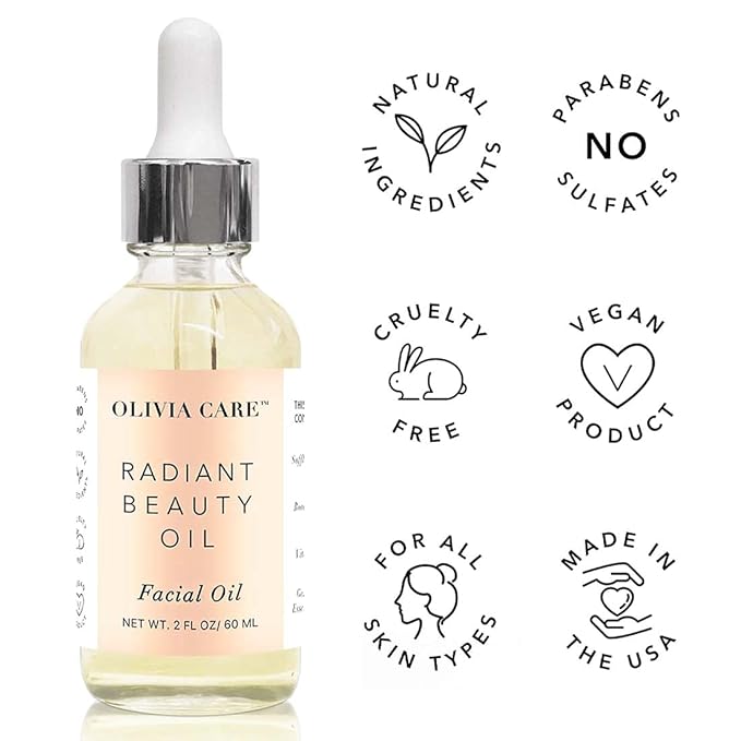 Olivia Care Facial Oil Infused with Argan, Safflower, Vitamin E & Geranium Essential Oil - All Natural - Hydrating, Anti-aging & Antioxidants - Remove Wrinkles & Clear Pores - 2 FL OZ