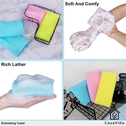 CasaVida Exfoliating Washcloth Back Scrubber for Shower Exfoliating Body Scrubber Japanese Beauty African Net Sponge Bath Korean Loofah Towel Wash Cloth Body Scrub 3 Pack (Navy-Blue x 3)