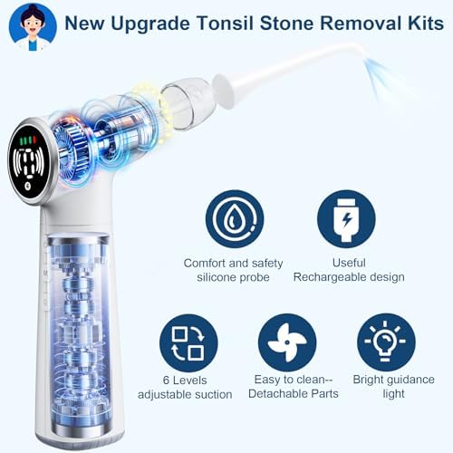 Tonsil Stone Remover Tool, Upgraded Electric Tonsil Stone Removal Kit - with Built-in LED Light & 6-Level Suction for Bad Breath Prevention, Oral Suction Device for Stone Removal