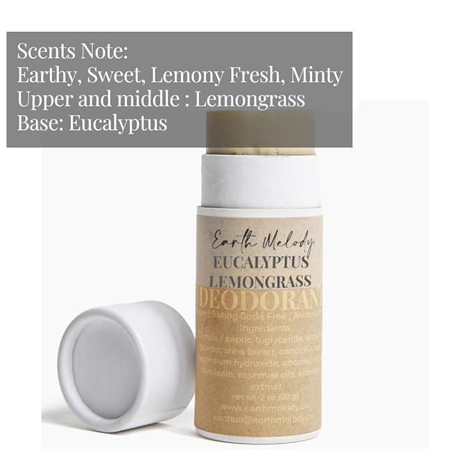 Earth Melody Natural deodorant | Cruelty Free & sensitive friendly | Sustainable, Baking soda and Aluminum Free, Long Lasting Odor Control Eucalyptus Lemongrass-2.5 oz Essential oil