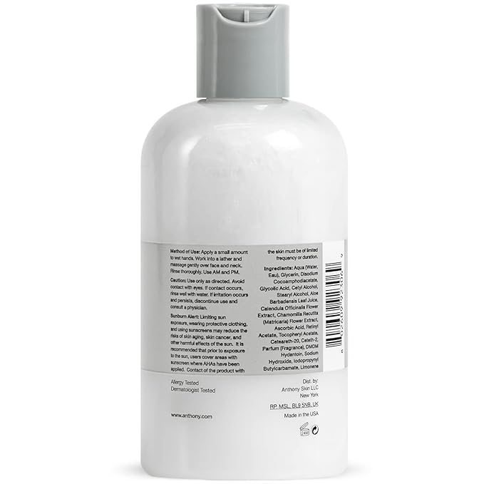 Anthony Glycolic Facial Cleanser for Men, Daily Exfoliating & Hydrating Face Wash, Shave Prep, Non-Foaming, Deep Cleansing, Gentle on Sensitive Skin, Removes Dirt & Oil, Smooths Texture, 8 Fl Oz