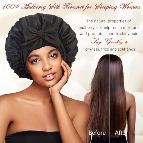100% Mulberry Silk Bonnet for Sleeping Women, Real Silk Bonnets with Tie Band, Double-Layer Sleep Cap for Braids Curly Hair