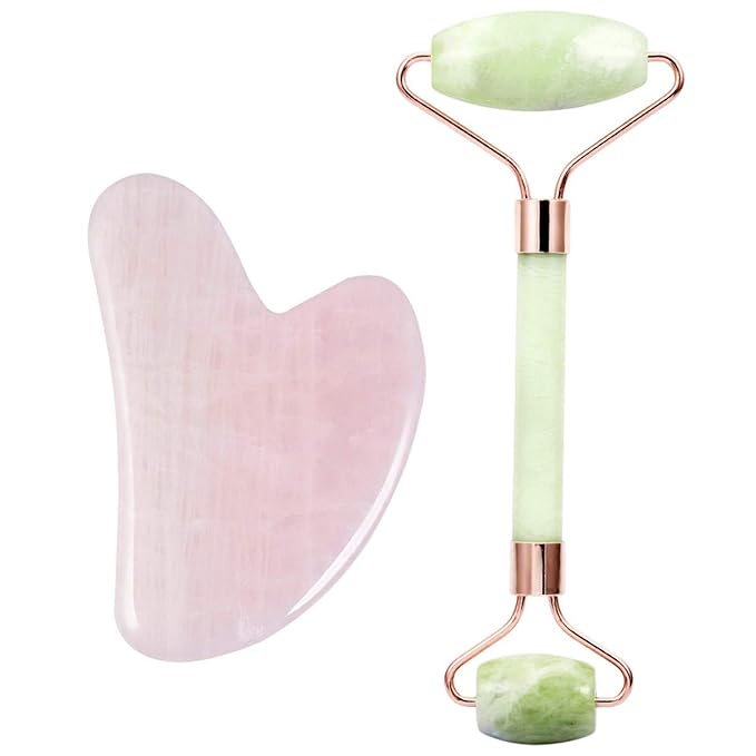 Rockcloud Natural Crystal Jade Roller and Gua Sha Scraping Set Massager Tool for Anti Aging Beauty Neck Body Reduce Wrinkles Facial Massager Therapy Xiuyan Jade and Rose Quartz Crystal Stone