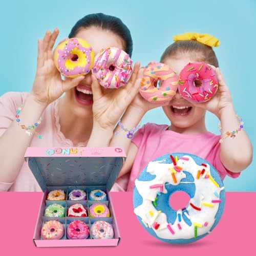 Donut Bath Bombs for Girls, 4oz/Pack of 9 Bath Bombs for Kids with Surprise Inside, Kids Bath Bombs with Jewelry Inside, Bath Bombs for Girl's Birthday Party Favor, Spa Day Gift