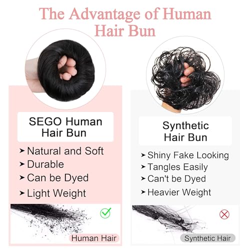 SEGO Human Hair Messy Bun Hairpieces Real Scrunchies Natural Wavy Smoothed Updo Donut Chignon Ponytail Extensions for Women Girls-#02 Dark Brown