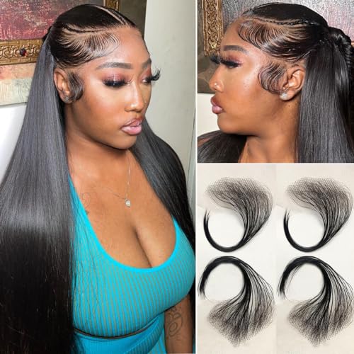 Edges Hair HD Lace Strips for Women - Reusable Invisible Lace Hairline with 4 Pcs Natural Handmade Real Human Hair Pieces, Black Color