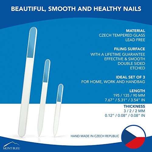 Beauty Glass Nail File - Mont Bleu Set of 3 Crystal Nail Files in Pouch - Genuine Czech Tempered Glass - Handmade Mother's Day Gifts - Best Glass Nail Files Prime for Manicure Tool Kit