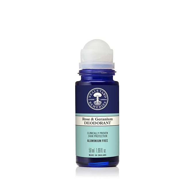 Neal's Yard Roll on Deodorant, 24-Hour Odor Guarding, Moisture-Absorbing Bamboo Powder & Cleansing Shikimic Acid, Aluminum-Free, Rose & Geranium, 50mL